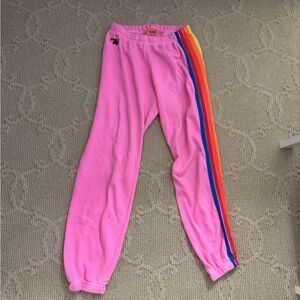 Neon pink aviator nation sweatpants with neon 5 stripe